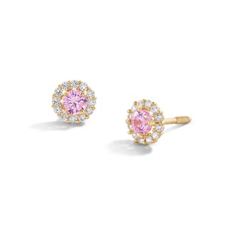 Child's 4mm Pink and White Cubic Zirconia Frame Stud Earrings in 14K Gold