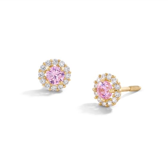 Child's 4mm Pink and White Cubic Zirconia Frame Stud Earrings in 14K Gold
