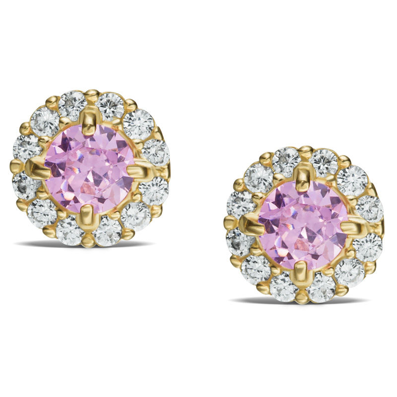 Child's 4mm Pink and White Cubic Zirconia Frame Stud Earrings in 14K Gold