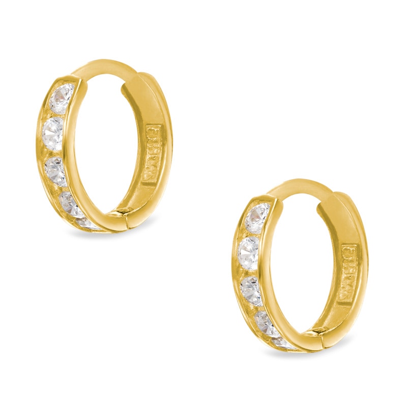 Womens 14K Solid Yellow Gold Blue and White Cubic Zirconia Hoop Huggie Earrings 