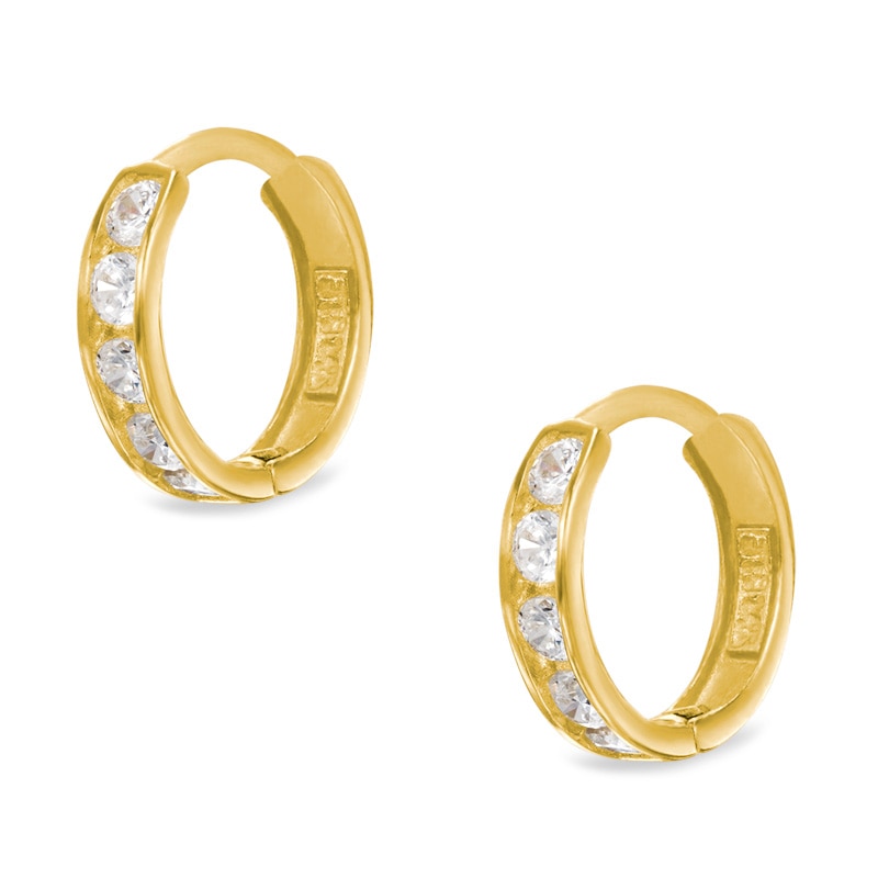 Womens 14K Solid Yellow Gold Blue and White Cubic Zirconia Hoop Huggie Earrings Womens 14K Solid Yellow Gold Blue and White Cubic Zirconia Hoop Huggie Earrings