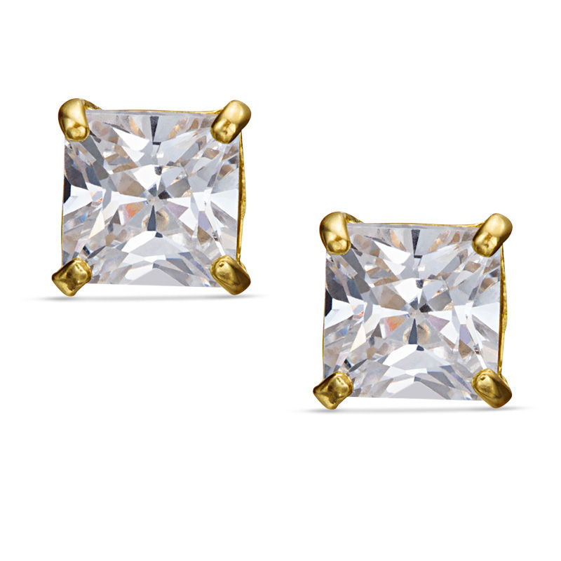 Main Image 1 of Child's 4mm Princess-Cut Cubic Zirconia Stud Earrings in 14K Gold