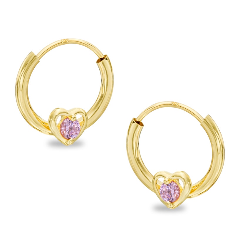 Child's Pink Cubic Zirconia Heart Continous Hoop Earrings in 14K Tube Hollow Gold