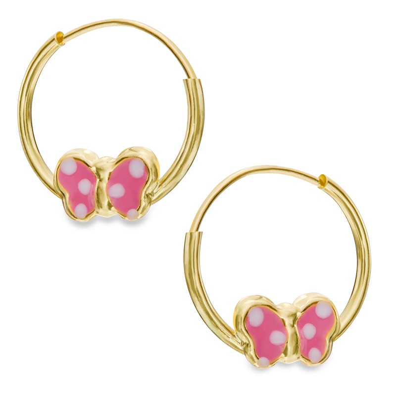 Child's Pink Enamel Butterfly Continuous Hoop Earrings in 14K Gold
