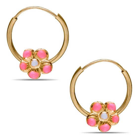 Child's Pink Enamel Flower Hoop Earrings in 14K Gold