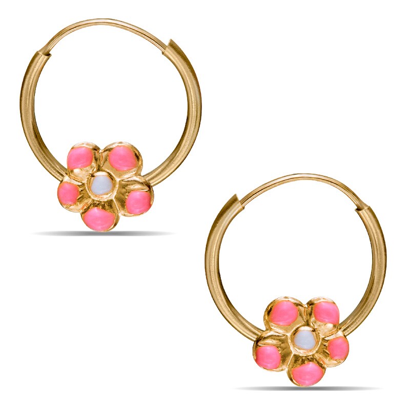 Child's Pink Enamel Flower Hoop Earrings in 14K Gold