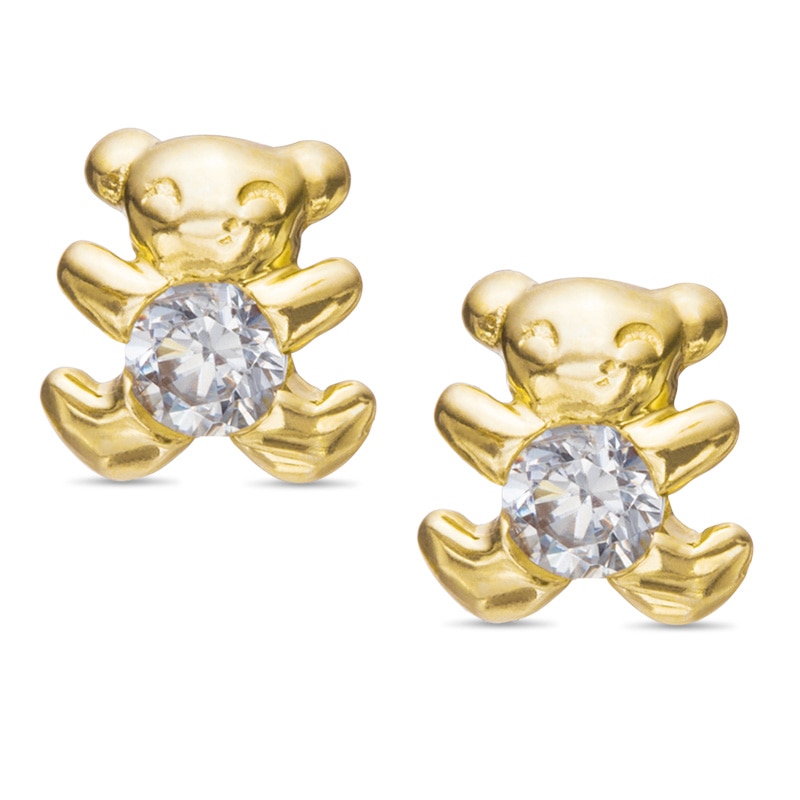 Child's Cubic Zirconia Teddy Bear Stud Earrings in 14K Gold