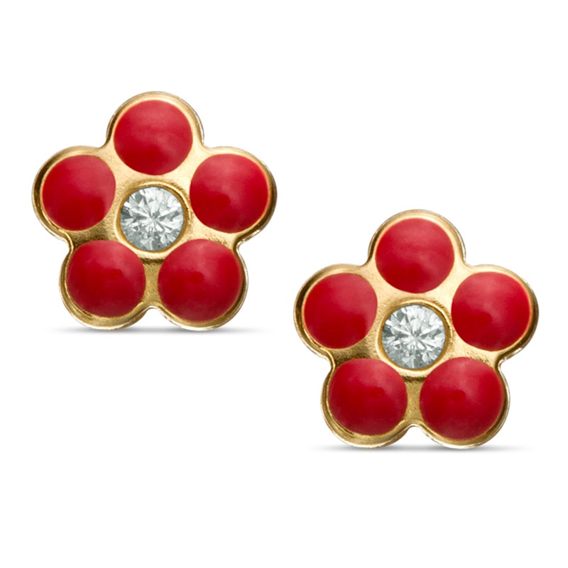 Child's Cubic Zirconia Red Enamel Flower Stud Earrings in 14K Gold