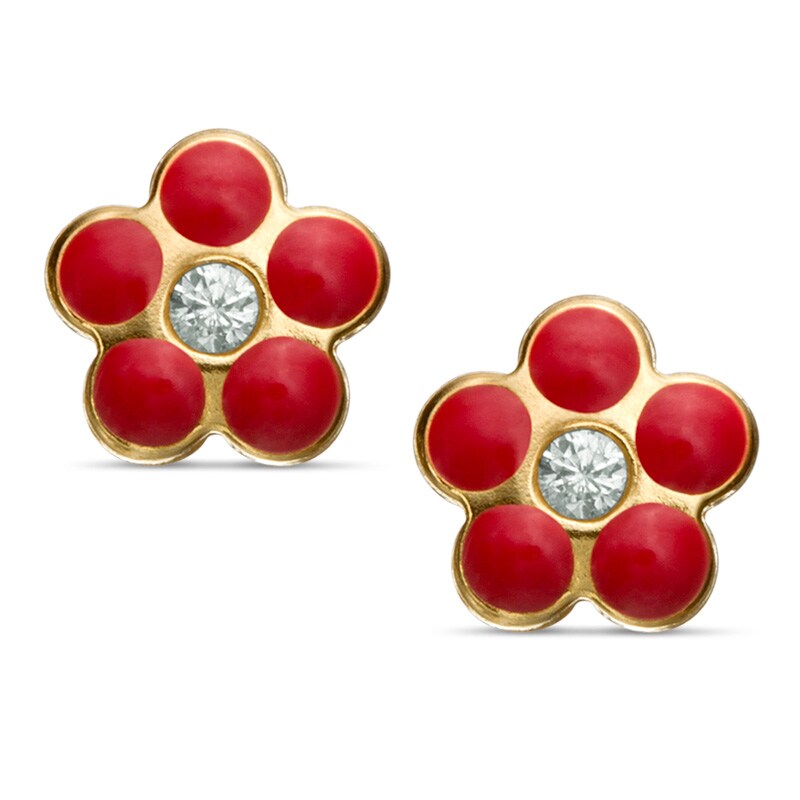Child's Cubic Zirconia Enamel Flower Stud Earrings in 14K Gold