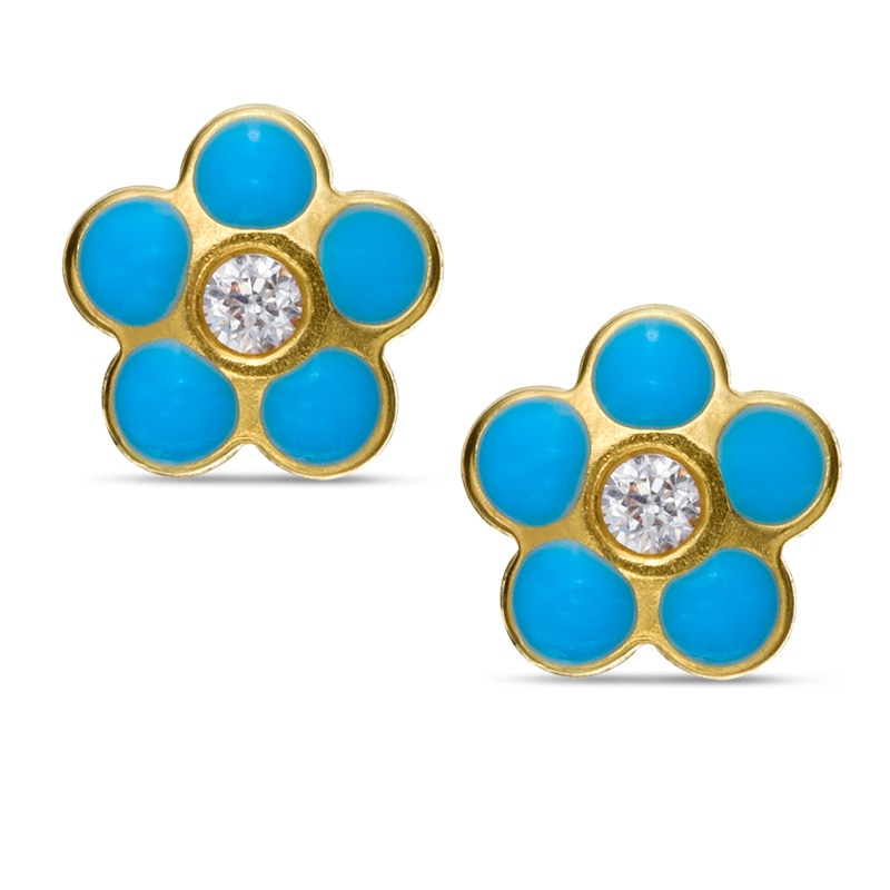 Child's Cubic Zirconia Blue Enamel Flower Stud Earrings in 14K Gold