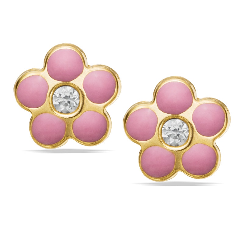 Child's Cubic Zirconia Pink Enamel Flower Stud Earrings in 14K Gold