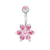 014 Gauge Pink Cubic Zirconia and Crystal Flower Belly Button Ring in Stainless Steel