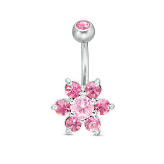 014 Gauge Pink Cubic Zirconia and Crystal Flower Belly Button Ring in Stainless Steel