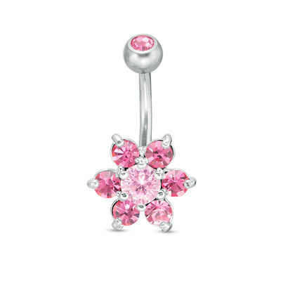 014 Gauge Pink Cubic Zirconia and Crystal Flower Belly Button Ring in Stainless Steel