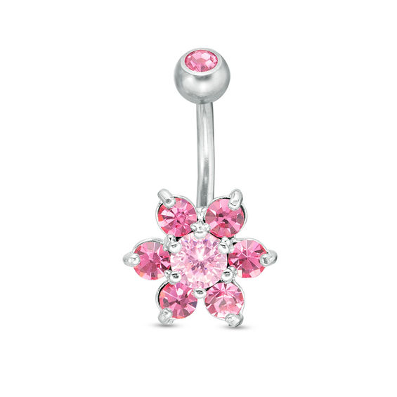 014 Gauge Pink Cubic Zirconia and Crystal Flower Belly Button Ring in Stainless Steel
