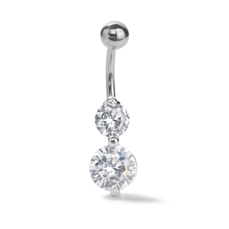 Solid Stainless Steel CZ Linear Two-Stone Belly Button Ring - 14G