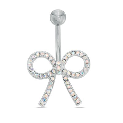 014 Gauge Bow Belly Button Ring with Iridescent Crystals in Stainless Steel