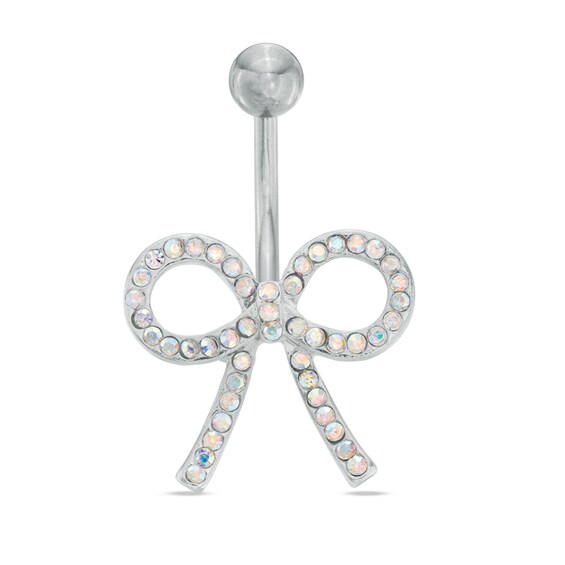 014 Gauge Bow Belly Button Ring with Iridescent Crystals in Stainless Steel