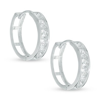 3mm Princess-Cut Cubic Zirconia Huggie Hoop Earrings in 10K White Gold