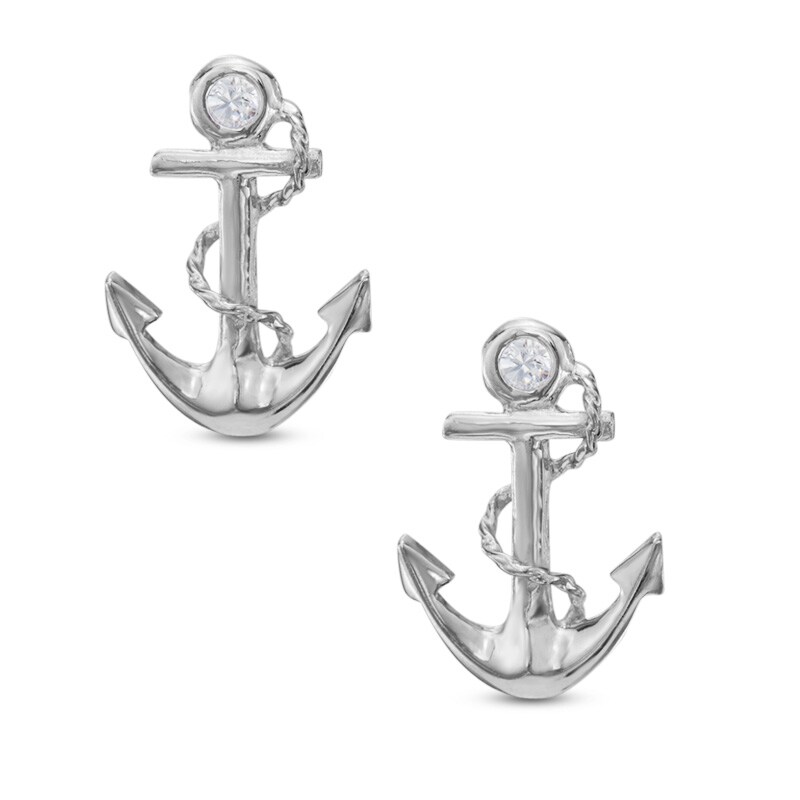 Cubic Zirconia Anchor Stud Earrings in 10K White Gold