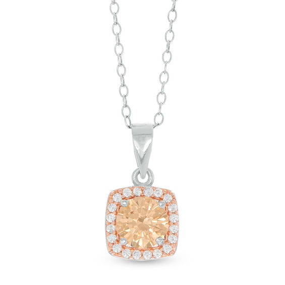 Champagne and White Cubic Zirconia Frame Pendant in Sterling Silver and 14K Rose Gold Plate