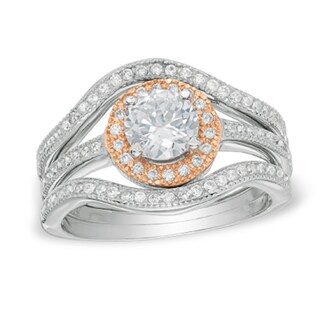 Cubic Zirconia Frame Three Piece Bridal Set in Sterling Silver and 14K Rose Gold Plate - Size 7