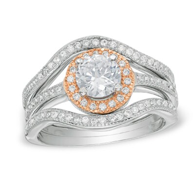 Cubic Zirconia Frame Three Piece Bridal Set in Sterling Silver and 14K Rose Gold Plate - Size 7