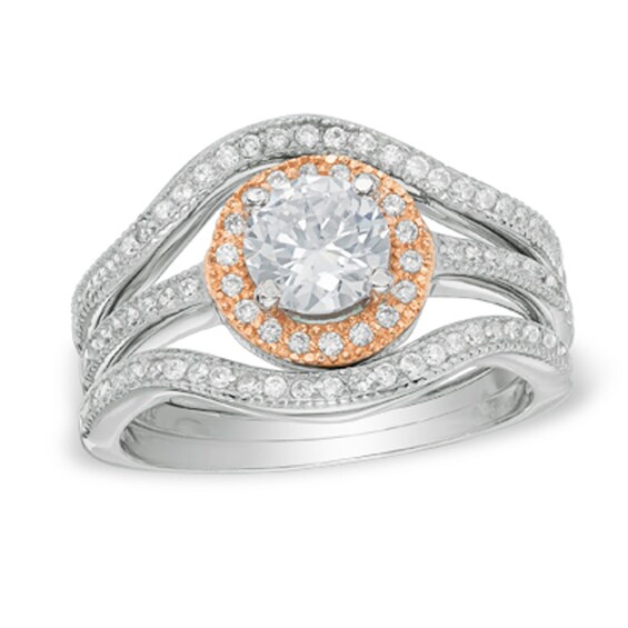 Cubic Zirconia Frame Three Piece Bridal Set in Sterling Silver and 14K Rose Gold Plate - Size 7