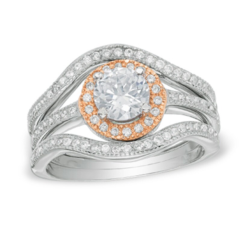 Cubic Zirconia Frame Three Piece Bridal Set in Sterling Silver and 14K Rose Gold Plate - Size 7