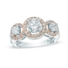 Cubic Zirconia Three Stone Frame Ring in Sterling Silver and 14K Rose Gold Plate - Size 7