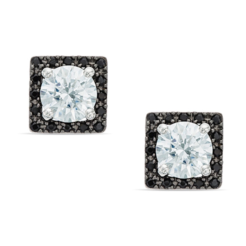 6mm White and Black Cubic Zirconia Square Frame Stud Earrings in Sterling Silver