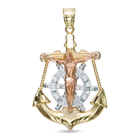 Anchor Crucifix Necklace Charm in 10K Tri-Tone Gold