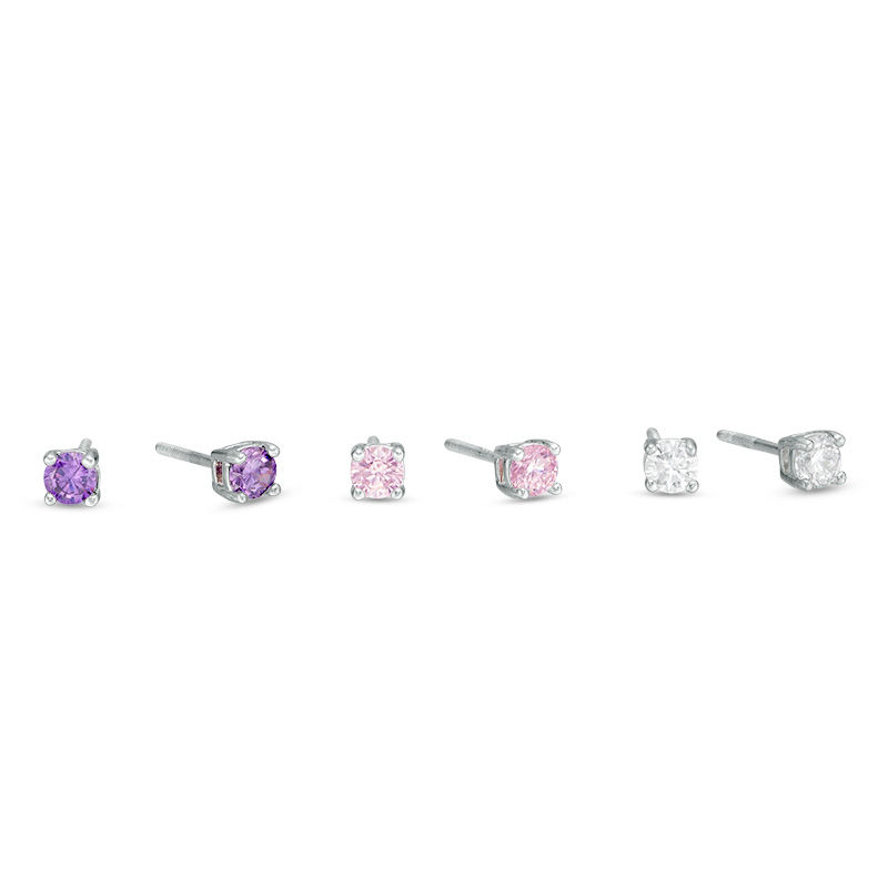 Child's 3mm Multi-Color Cubic Zirconia Solitaire Stud Earrings Set in Sterling Silver