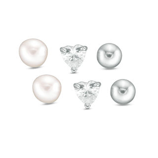 Child's 4mm Freshwater Cultured Pearl, Heart-Shaped Cubic Zirconia and Ball Stud Earrings Set in Sterling Silver