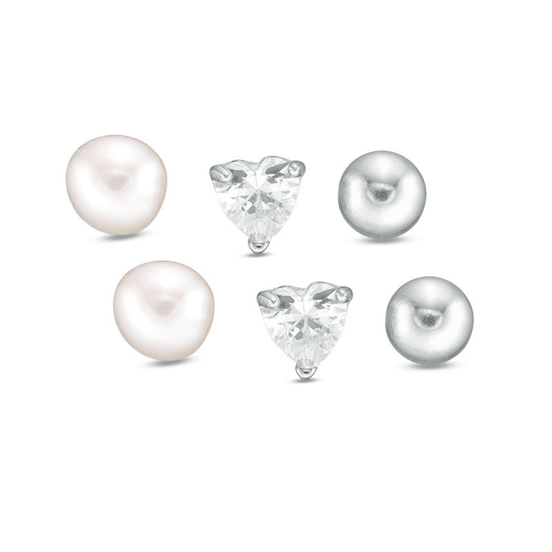 Child's 4mm Cultured Freshwater Pearl, Heart-Shaped Cubic Zirconia and Ball Stud Earrings Set in Sterling Silver