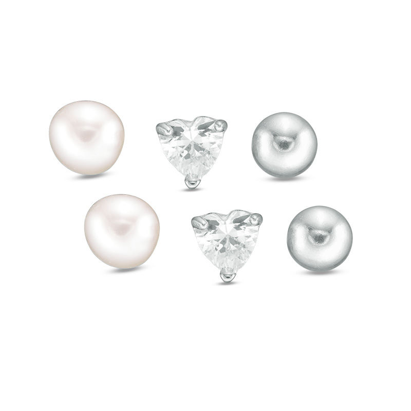 Main Image 1 of Child's 4mm Freshwater Cultured Pearl, Heart-Shaped Cubic Zirconia and Ball Stud Earrings Set in Sterling Silver