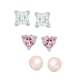 Child's Dyed Pink Cultured Freshwater Pearl, Pink and White Cubic Zirconia Three Pair Earrings Set in Sterling Silver