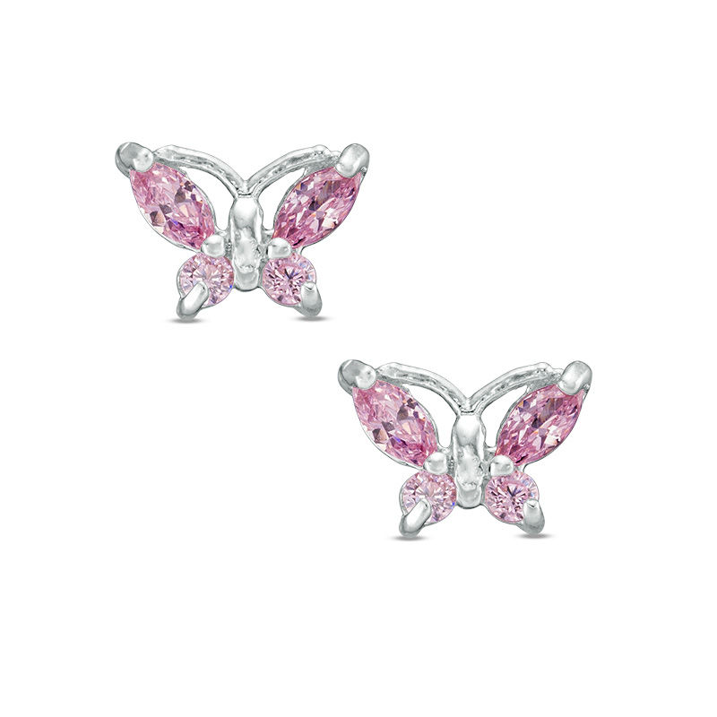 Child's Marquise Pink Cubic Zirconia Butterfly Stud Earrings in Sterling Silver