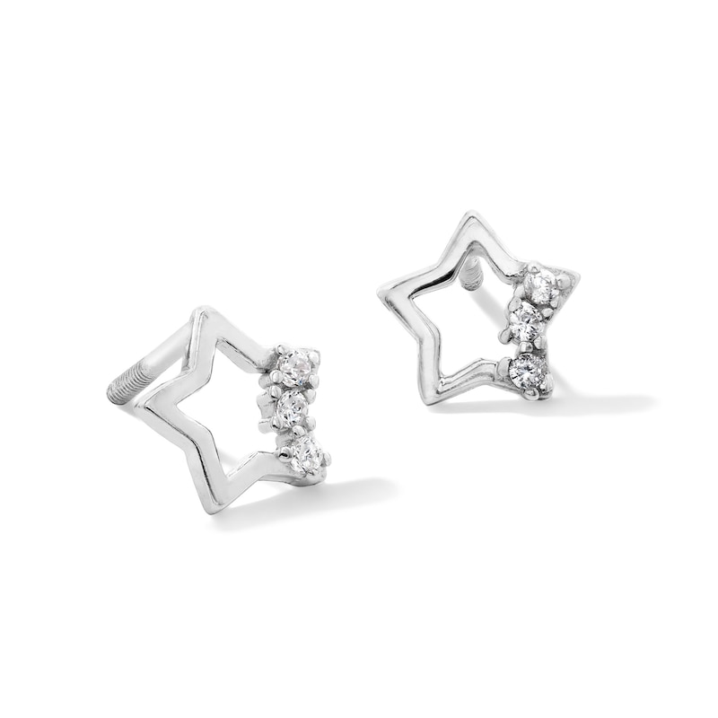 Child's Cubic Zirconia Open Star Three Stone Stud Earrings in Sterling Silver