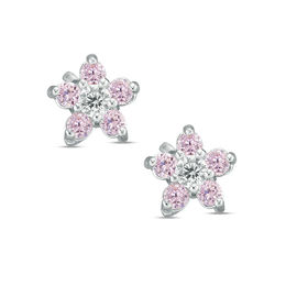 Child's Pink and White Cubic Zirconia Flower Stud Earrings in Sterling Silver