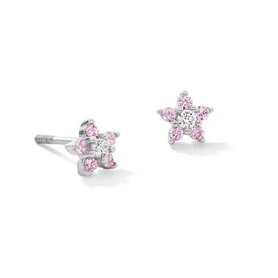 Child's Pink and White Cubic Zirconia Flower Stud Earrings in Sterling Silver