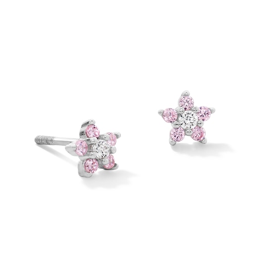 Child's Pink and White Cubic Zirconia Flower Stud Earrings in Sterling Silver