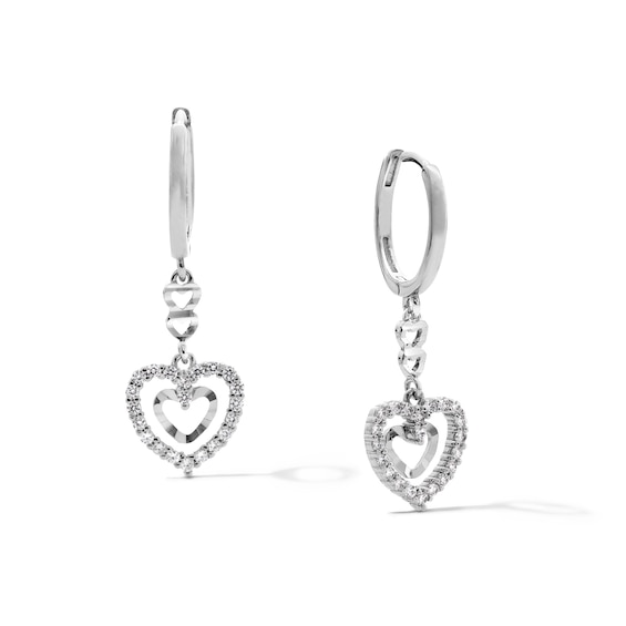 Cubic Zirconia Double Hearts Dangle Drop Earrings in Solid Sterling Silver