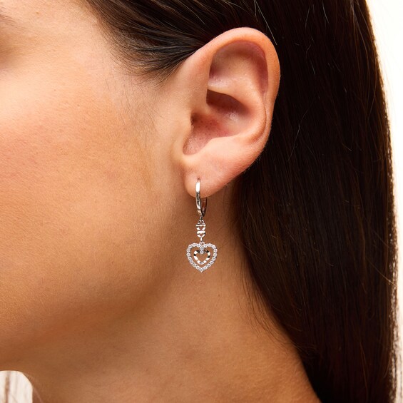 Solid Sterling Silver CZ Double Hearts Dangle Drop Earrings