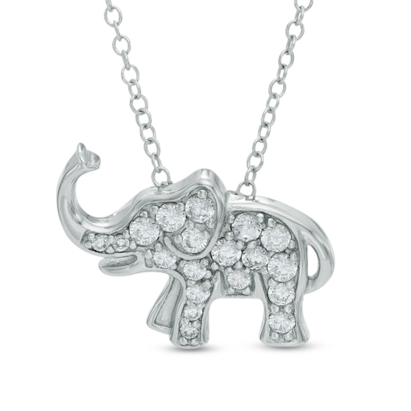 Solid Sterling Silver CZ Elephant Pendant - 18"