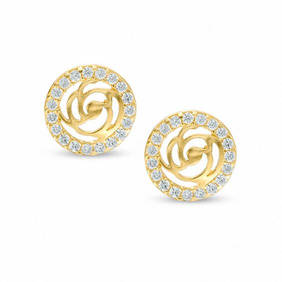 Cubic Zirconia Circle Flower Stud Earrings in 10K Gold