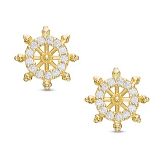 Cubic Zirconia Ship Wheel Stud Earrings in 10K Gold