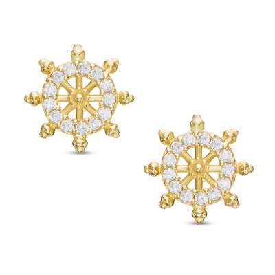 Cubic Zirconia Ship Wheel Stud Earrings in 10K Gold
