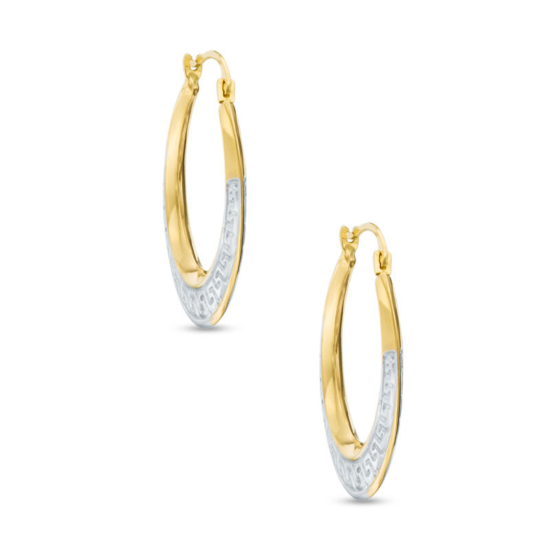 Greek Key Hoop Earrings in 10K Two-Tone Gold