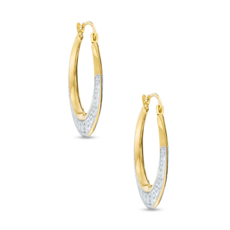 Main Image 1 of 10K Gold Greek Key Two-Tone Hoops